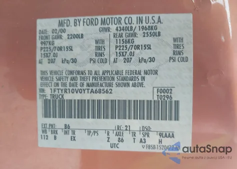 2000 Ford Ranger Xl/Xlt из США, поврежденный, VIN 1FTYR10V0YTA68562